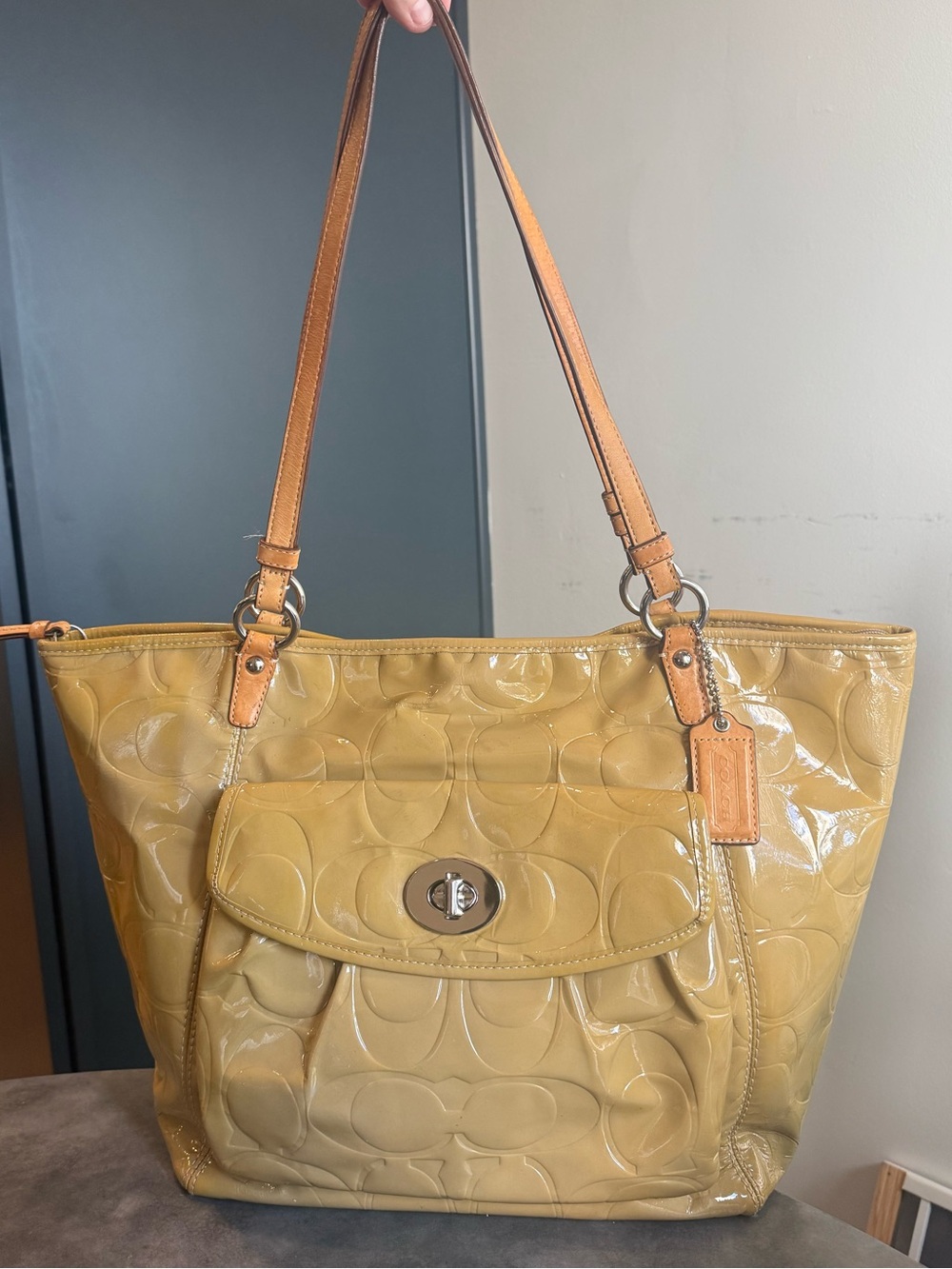 Coach Yellow Patent Leather Tote with Tan Straps